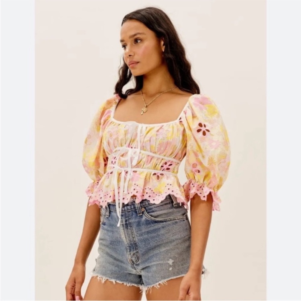 For Love & Lemons Claire Blouse top pink yellow